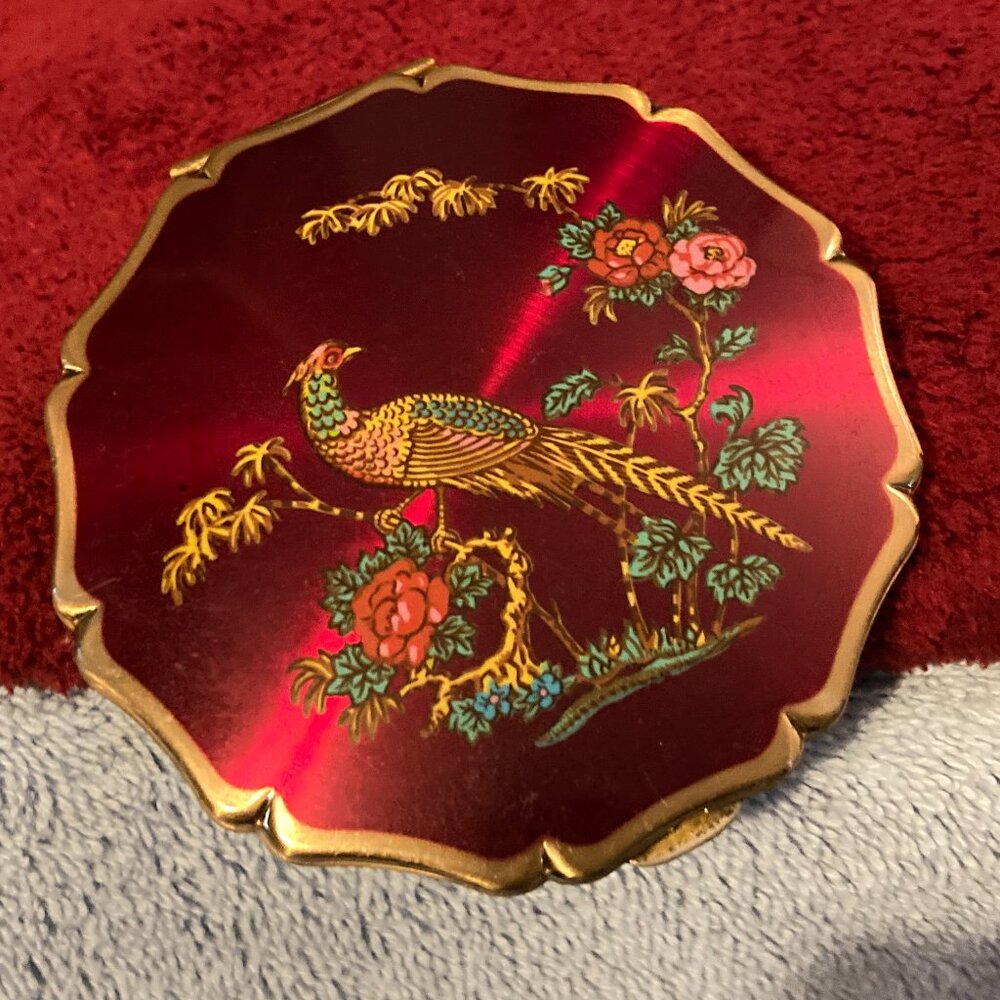VTG 1940's Stratton England Red Enamel Convertible Compact-Pheasant-3.25”-VGUC